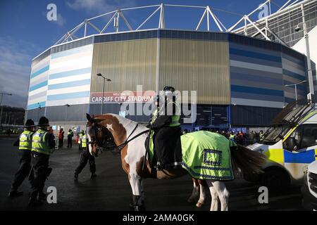 Cardiff, UK. 12th Jan, 2020. Police keep a close eye on fans ahead of the game. EFL Skybet championship match, Cardiff City v Swansea city at the Cardiff City Stadium on Sunday 12th January 2020. this image may only be used for Editorial purposes. Editorial use only, license required for commercial use. No use in betting, games or a single club/league/player publications. pic by Andrew Orchard/Andrew Orchard sports photography/Alamy Live news Credit: Andrew Orchard sports photography/Alamy Live News Stock Photo