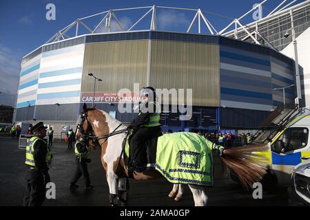 Cardiff, UK. 12th Jan, 2020. Police keep a close eye on fans ahead of the game. EFL Skybet championship match, Cardiff City v Swansea city at the Cardiff City Stadium on Sunday 12th January 2020. this image may only be used for Editorial purposes. Editorial use only, license required for commercial use. No use in betting, games or a single club/league/player publications. pic by Andrew Orchard/Andrew Orchard sports photography/Alamy Live news Credit: Andrew Orchard sports photography/Alamy Live News Stock Photo