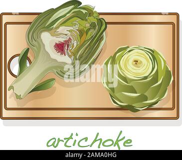 Artichoke on plate vector illustration set. Image isolated on white background. Stock Vector