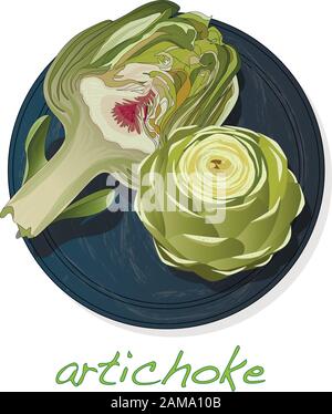 Artichoke on plate vector illustration set. Image isolated on white background. Stock Vector