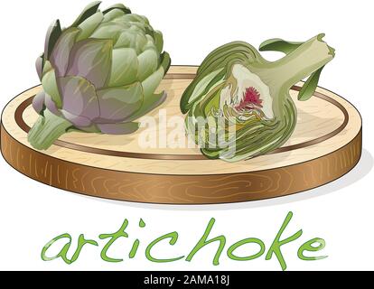 Artichoke on plate vector illustration set. Image isolated on white background. Stock Vector