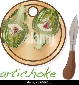 Artichoke on plate vector illustration set. Image isolated on white background. Stock Vector