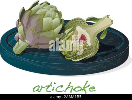 Artichoke on plate vector illustration set. Image isolated on white background. Stock Vector