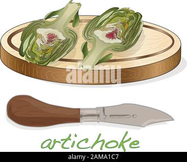 Artichoke on plate vector illustration set. Image isolated on white background. Stock Vector