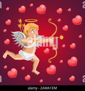 Man angel with wings bow arrows heart for Valentine s day on isolated background. Vector image Stock Vector