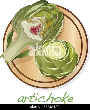 Artichoke on plate vector illustration set. Image isolated on white background. Stock Vector