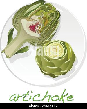 Artichoke on plate vector illustration set. Image isolated on white background. Stock Vector