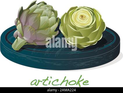 Artichoke on plate vector illustration set. Image isolated on white background. Stock Vector