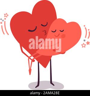 Cute vector illustration isolated on white. Couple in love. Two happy smiling hearts hugging and kissing. Magic of love. Cartoon characters for Stock Vector