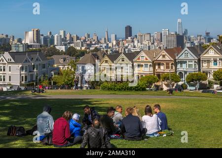 View of Painted Ladies, Victorian wooden houses, Alamo Square, San Francisco, California, USA, North America Stock Photo