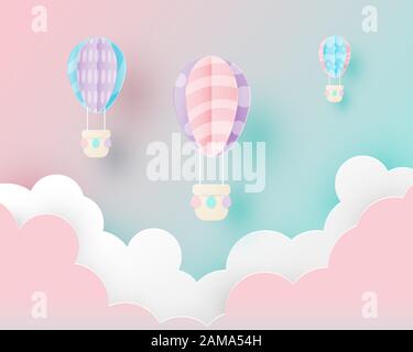 Easter background concept with Easter egg balloon in sky in paper cut style. Pastel color. Stock Vector