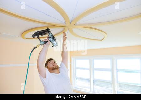 Installing ceiling moldings in the interior handyman using gauge finish nailer decorative ceiling molding Stock Photo