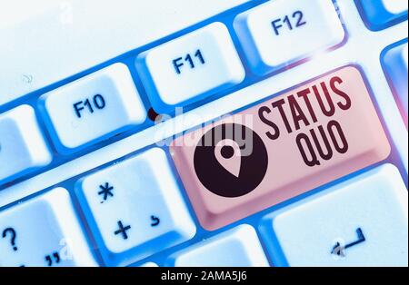 Conceptual hand writing showing Status Quo. Concept meaning existing state of affairs regarding social or political issues White pc keyboard with note Stock Photo