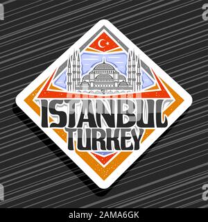 Vector logo for Istanbul, white rhombus tag with line illustration of famous Sultanahmet Camii on sky background, decorative tourist fridge magnet wit Stock Vector