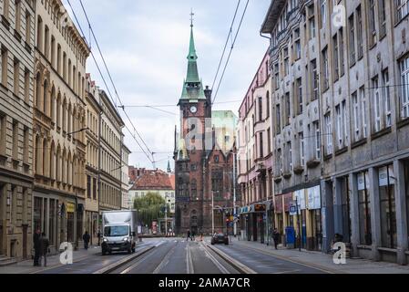 Krupnicza Street on the Old Town of Wroclaw in Silesia region of Poland, view with building of the University of Wroclaw Library Stock Photo