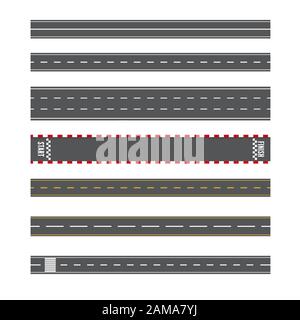 Set of Road Marking Isolated Background. Top View. Straight Highway Stock Vector