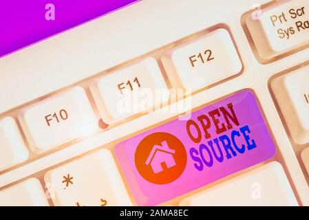 Writing note showing Open Source. Business concept for denoting software which original source code is made free Stock Photo