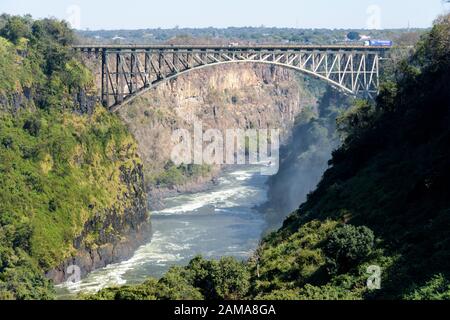 View of the Victoria Falls bridge over the Zambezi river between Zimbabwe and Zambia Stock Photo