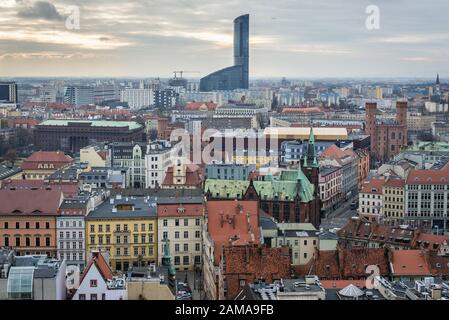 Aerial view from Garrison Church in Old Town of Wroclaw, Poland - view with Sky Tower skyscraper and University Library Stock Photo