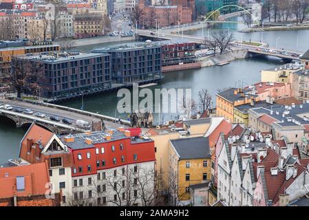 Aerial view from Garrison Church in Old Town of Wroclaw, Poland - view with Oder river bank Stock Photo