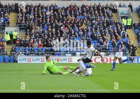 Cardiff, Wales, UK. 12th Jan, 2020. Wayne Routledge of Swansea City almost scores with an opening goal during the Sky Bet Championship match between Cardiff City and Swansea City at the Cardiff City Stadium, Cardiff on Sunday 12th January 2020. (Credit: Jeff Thomas | MI News) Photograph may only be used for newspaper and/or magazine editorial purposes, license required for commercial use Credit: MI News & Sport /Alamy Live News Stock Photo