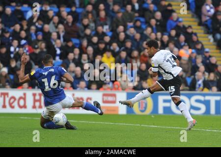 Cardiff, Wales, UK. 12th Jan, 2020. Wayne Routledge of Swansea City strikes for goal during the Sky Bet Championship match between Cardiff City and Swansea City at the Cardiff City Stadium, Cardiff on Sunday 12th January 2020. (Credit: Jeff Thomas | MI News) Photograph may only be used for newspaper and/or magazine editorial purposes, license required for commercial use Credit: MI News & Sport /Alamy Live News Stock Photo