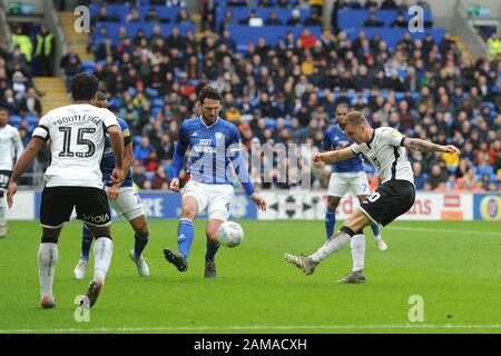 Cardiff, Wales, UK. 12th Jan, 2020. Ben Wilmot of Swansea City strikes for goal during the Sky Bet Championship match between Cardiff City and Swansea City at the Cardiff City Stadium, Cardiff on Sunday 12th January 2020. (Credit: Jeff Thomas | MI News) Photograph may only be used for newspaper and/or magazine editorial purposes, license required for commercial use Credit: MI News & Sport /Alamy Live News Stock Photo