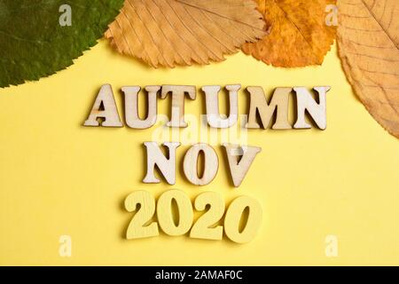 The concept of autumn - November in the new year. Wooden numbers 2020 with letters, leaves on a yellow background. Top view. Close up. Stock Photo