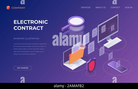 Website landing page, promotion poster, flyer or brochure concept for electronic contract business deal, isometric vector illustration Stock Vector