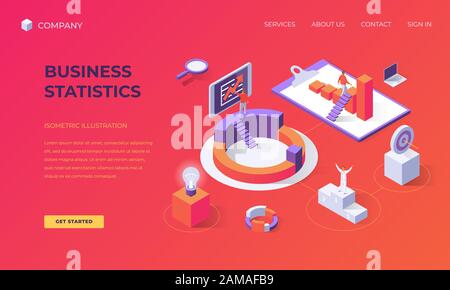 Website landing page, promotion poster, flyer or brochure concept for business statistics, isometric vector illustration Stock Vector
