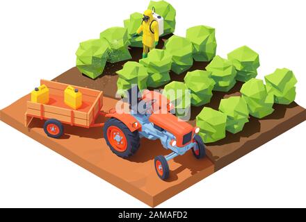 Vector isometric farmer spraying pesticides Stock Vector