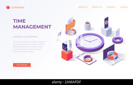 Website landing page, promotion poster, flyer or brochure concept for business time management technologies, isometric vector illustration Stock Vector