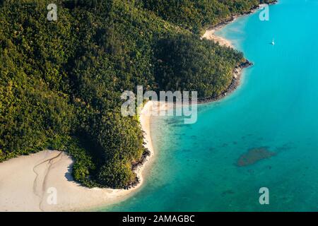 Aerial shot of Dugong Beach on Whitsunday Island. Stock Photo