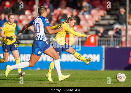 Crawley, UK. 12th Jan, 2020.  Jordan Nobbs of Arsenal scores the 3rd goal of her team during the Barclays FA Women's Super League football match between Brighton & Hove Albion WFC and Arsenal Women at The People's Pension Stadium in Crawley, England on 12 January 2020. Credit: SPP Sport Press Photo. /Alamy Live News Stock Photo