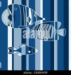 Fish in ocean. Graphic vector illustration in blue tones.. Geomethical style. Stock Vector