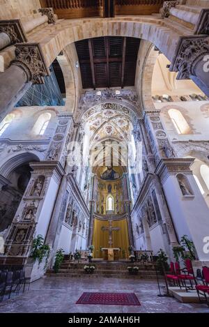 Chancel with Christ Pantocrator mosaic in Basilica Cathedral of Transfiguration in Cefalu city and comune located on Sicily Island, Italy Stock Photo