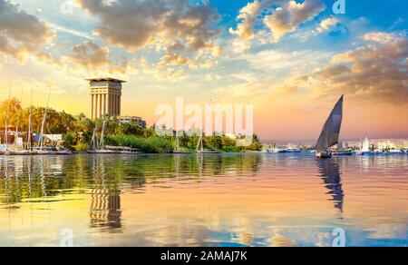 Cloudy sunset over river Nile in Aswan, Egypt Stock Photo