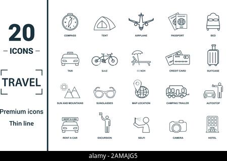 Travel icon set. Include creative elements compass, aircraft, taxi, credit card, sun and mountains icons. Can be used for report, presentation Stock Vector