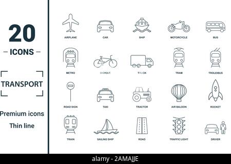Transport icon set. Include creative elements car, motorcycle, bicycle, troleibus, taxi icons. Can be used for report, presentation, diagram, web Stock Vector
