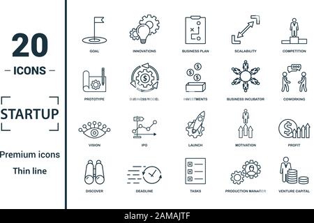 Startup icon set. Include creative elements goal, business plan, prototype, business incubator, vision icons. Can be used for report, presentation Stock Vector