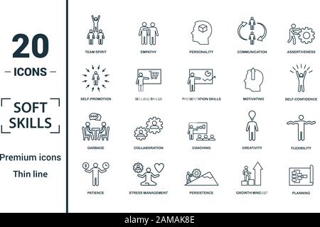 Soft Skills icon set. Include creative elements team spirit, personality, self-promotion, motivating, negotiation icons. Can be used for report Stock Vector