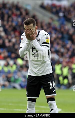 Cardiff, UK. 12th Jan, 2020. Bersant Celina of Swansea City holds his head in his hands after going close during the EFL Sky Bet Championship match between Cardiff City and Swansea City at the Cardiff City Stadium, Cardiff, Wales on 12 January 2020. Photo by Dave Peters. Editorial use only, license required for commercial use. No use in betting, games or a single club/league/player publications. Credit: UK Sports Pics Ltd/Alamy Live News Stock Photo