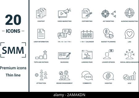 Smm icon set. Include creative elements content, copywriting, user information, budget planning, tops and ratings icons. Can be used for report Stock Vector