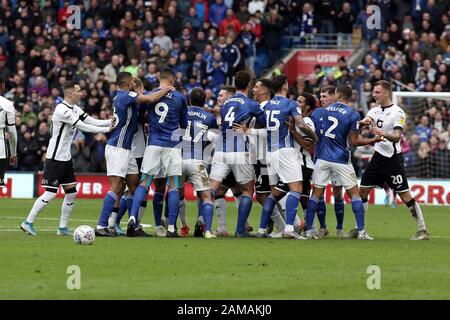 Cardiff, UK. 12th Jan, 2020. Tempers flare during the EFL Sky Bet Championship match between Cardiff City and Swansea City at the Cardiff City Stadium, Cardiff, Wales on 12 January 2020. Photo by Dave Peters. Editorial use only, license required for commercial use. No use in betting, games or a single club/league/player publications. Credit: UK Sports Pics Ltd/Alamy Live News Stock Photo