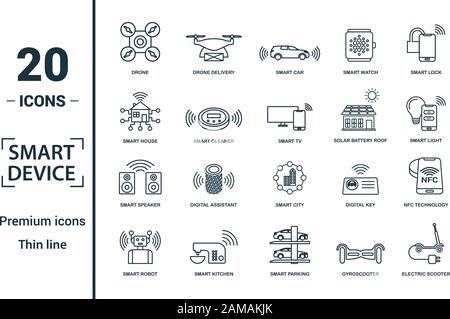 Smart Devices icon set. Include creative elements drone, smart car, smart house, solar battery roof, smart speaker icons. Can be used for report Stock Vector