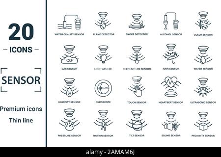 Sensor icon set. Include creative elements water quality sensor, smoke detector, gas, rain sensor, humidity sensor icons. Can be used for report Stock Vector