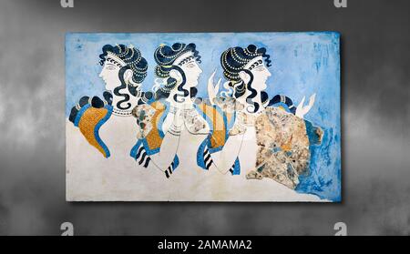 Minoan wall art fresco of 'Ladies in Blue' from Knossos Palace 1600-1450 BC. Heraklion Archaeological Museum.  Grey Background.   The 'Ladies in Blue' Stock Photo