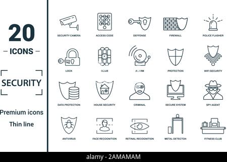 Security icon set. Include creative elements security camera, deffense, lock, protection, data protection icons. Can be used for report, presentation Stock Vector