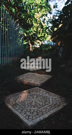 Stone slab pathway in garden Stock Photo