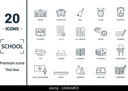 School icon set. Include creative elements school, bell, alphabet, history, art icons. Can be used for report, presentation, diagram, web design Stock Vector
